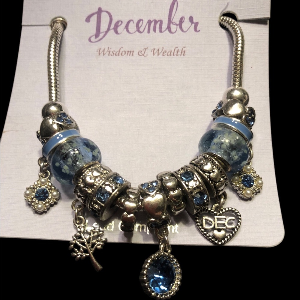 Silver and Blue Charm Bracelet with Beads and Heart Charm